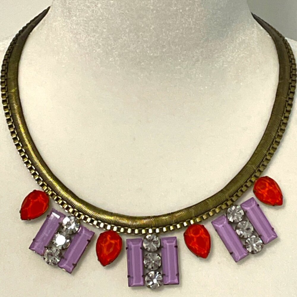 LOREN HOPE Signed Necklace Crystals Brass Designer